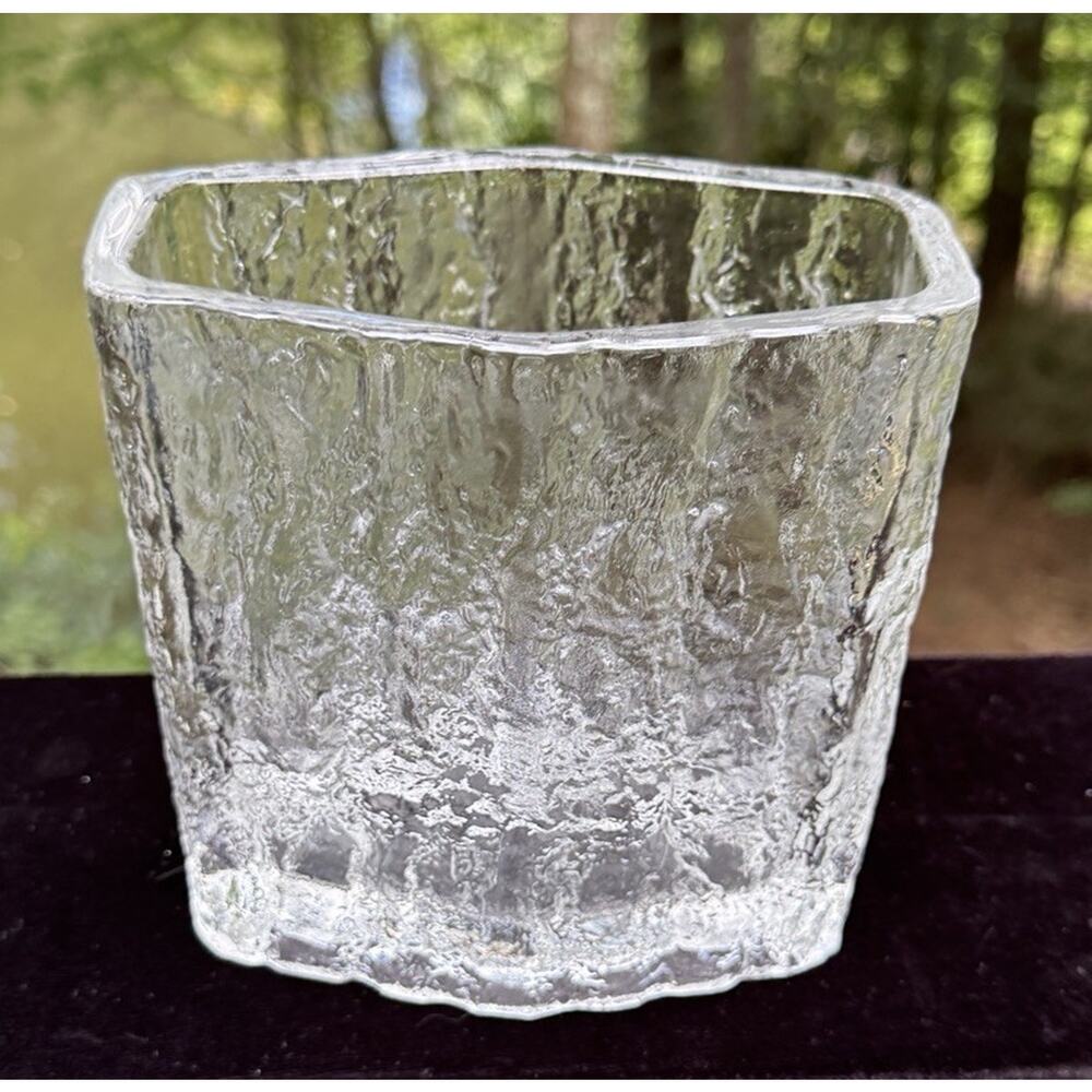 Hoya Crystal Frost Fire Ice Glass Vase Textured Clear Japan Vintage MCM Modern